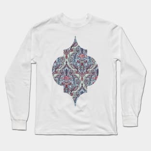 Botanical Moroccan Doodle Pattern in Navy Blue, Red & Grey Long Sleeve T-Shirt